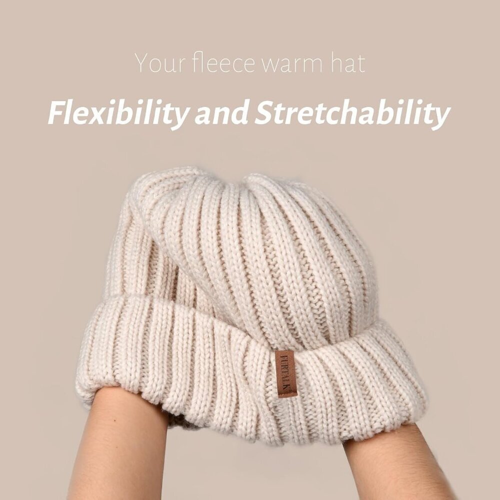 Women’s Winter Beige Fleece-Lined Chunky Knit Beanie Snow Hat Cap - Picture 2 of 8
